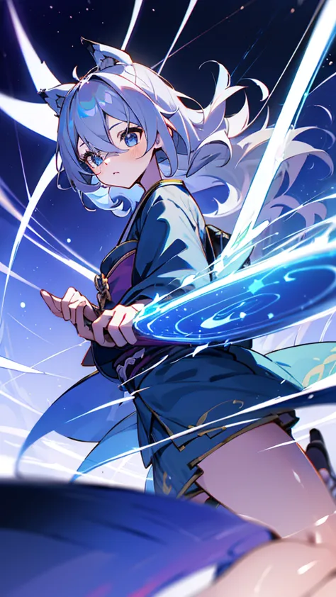 criança;
naughty girl;
wolf ears and tail;
long messy hair;
gray hair;
kimono with lightning cloud details;
rays around the body...