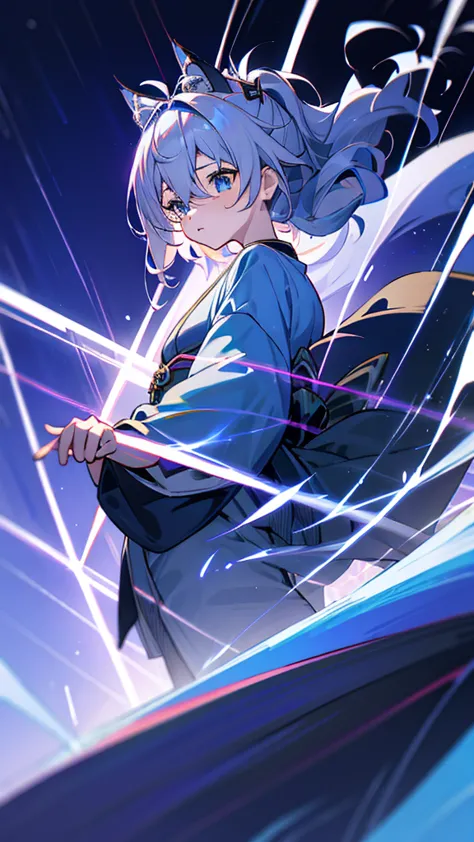 Criança;
naughty girl;
Wolf ears and tail;
Long messy hair;
gray hair;
Kimono with lightning cloud details;
Rays around the body...