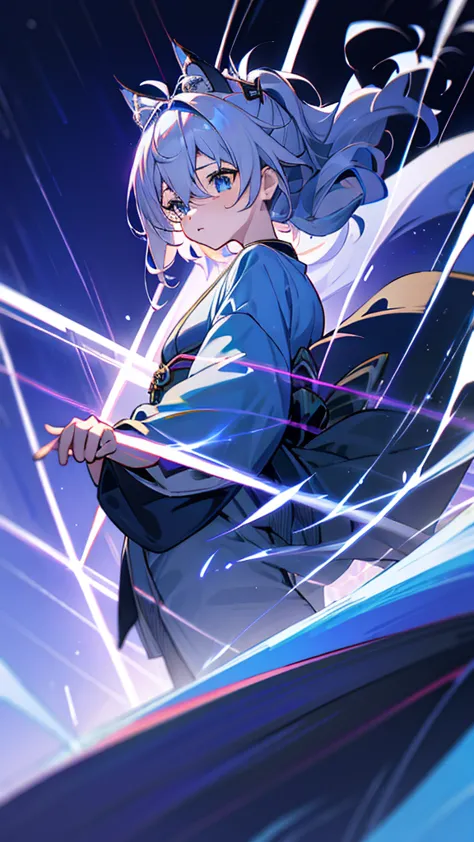 criança;
naughty girl;
wolf ears and tail;
long messy hair;
gray hair;
kimono with lightning cloud details;
rays around the body...