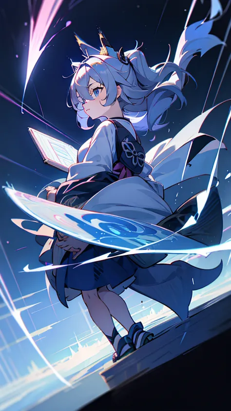 criança;
naughty girl;
wolf ears and tail;
long messy hair;
gray hair;
kimono with lightning cloud details;
rays around the body...