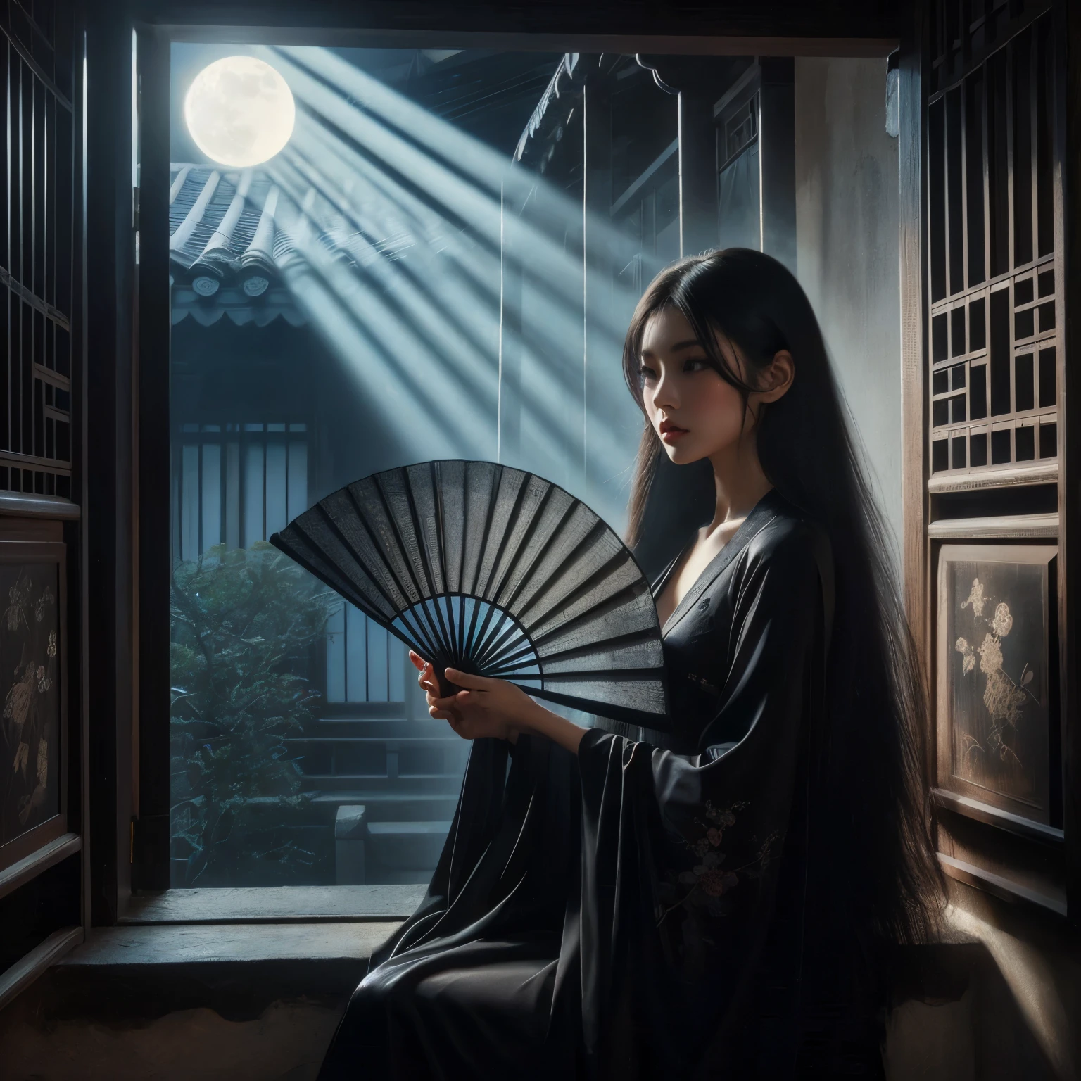 An ultra beautiful Asian woman long black hair, holding a long black ancient liquored Asian fighting fan, wearing a long black Chinese dressing gown, in a darkened room beams of moonlight streak in through the opened balcony window, Chinese garden, night sky, black ink, in the style of Caravaggio and Da Vinci, 8k resolution, hyperdetailed, photorealistic, an oil painting art style, Sfumato,