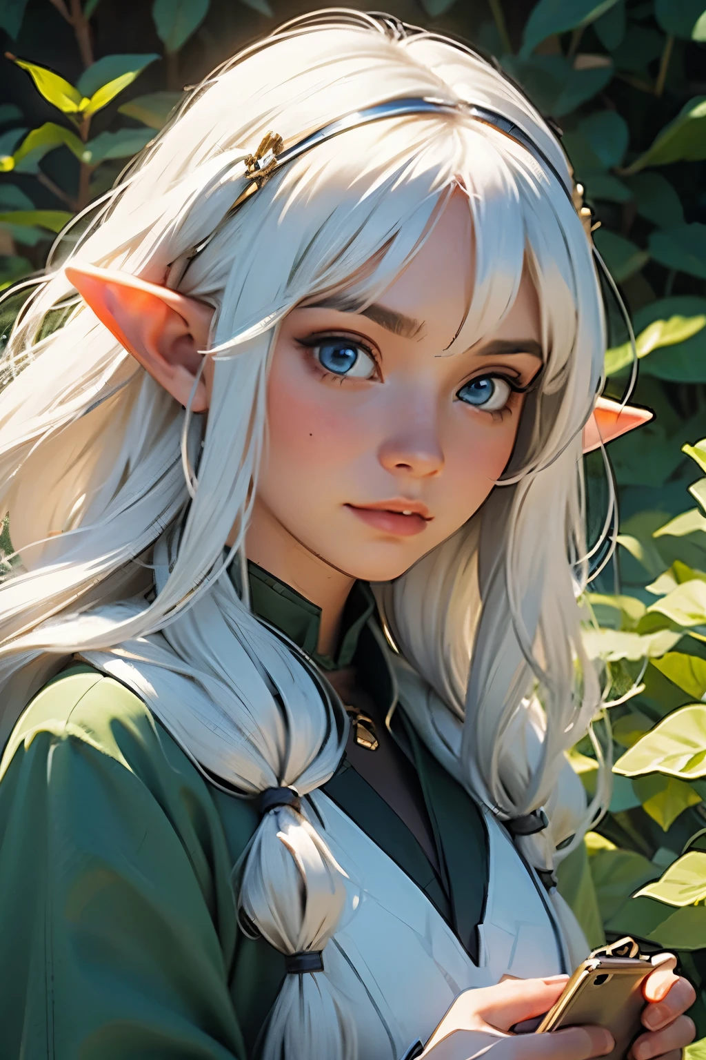 (work of art, best qualityer, sfw, por Sasha Khmel), 1 girl, closeup, detailedeyes, long  white hair, elf ears, wizard outfit, forst, impressionist dinner