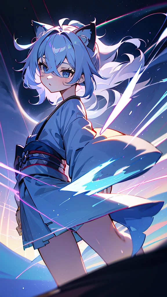 Criança;
naughty girl;
Wolf ears and tail;
Long messy hair;
gray hair;
Kimono with lightning cloud details;
Rays around the body;
It&#39;s in a black space full of clouds forming;
Sky blue eyes;



No fundo tem o espaco sideral com uma dimensão se formando 

Galaxia 
