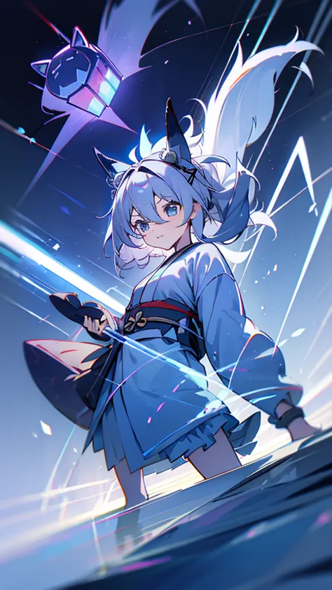 criança;
naughty girl;
wolf ears and tail;
long messy hair;
gray hair;
kimono with lightning cloud details;
rays around the body...