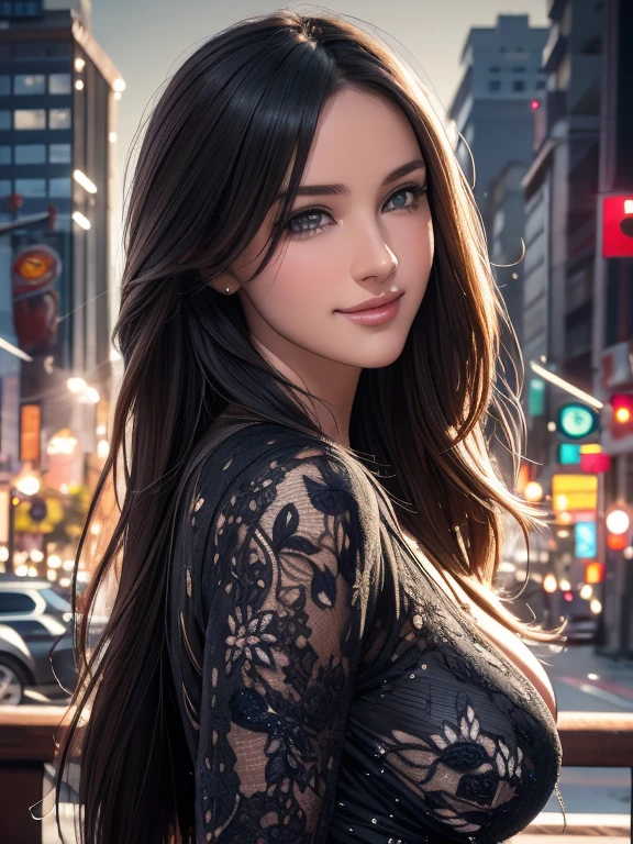 1girl, beautiful detailed eyes,beautiful detailed lips,extremely detailed eyes and face, longeyelashes, smiling cowgirl with black hair, winter urban city center landscape, photorealistic, 4k, 8k, highres, masterpiece:1.2, ultra-detailed, realistic, photo-realistic:1.37, HDR, UHD, studio lighting, ultra-fine painting, sharp focus, physically-based rendering, extreme detail description, professional, vivid colors, bokeh, portrait, landscape, cityscape, spring essence