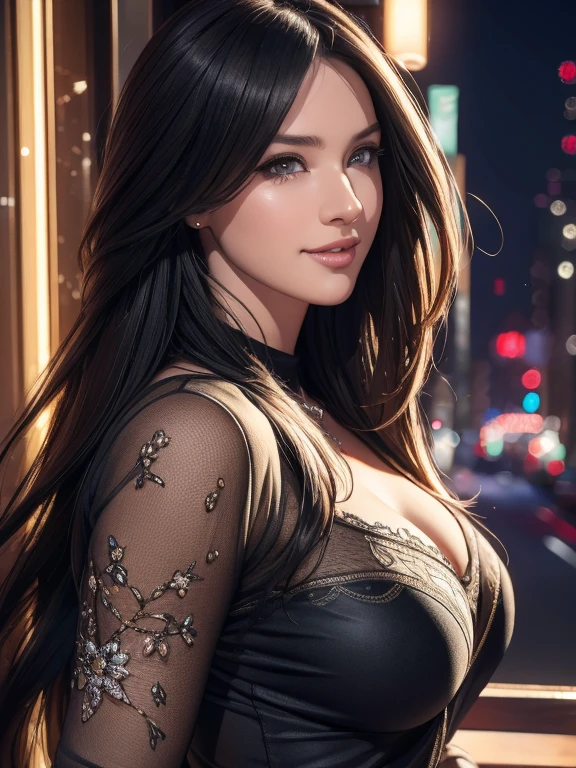 1girl, beautiful detailed eyes,beautiful detailed lips,extremely detailed eyes and face, longeyelashes, smiling cowgirl with black hair, winter urban city center landscape, photorealistic, 4k, 8k, highres, masterpiece:1.2, ultra-detailed, realistic, photo-realistic:1.37, HDR, UHD, studio lighting, ultra-fine painting, sharp focus, physically-based rendering, extreme detail description, professional, vivid colors, bokeh, portrait, landscape, cityscape, spring essence