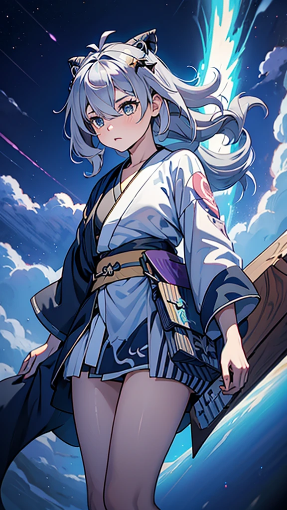 Criança;
naughty girl;
Wolf ears and tail;
Long messy hair;
gray hair;
Kimono with lightning cloud details;
Rays around the body;
It&#39;s in a black space full of clouds forming;
Sky blue eyes;



No fundo tem o espaco sideral com uma dimensão se formando 

Galaxia 
