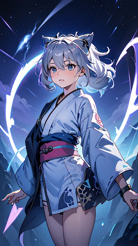 Criança;
naughty girl;
Wolf ears and tail;
Long messy hair;
gray hair;
Kimono with lightning cloud details;
Rays around the body...