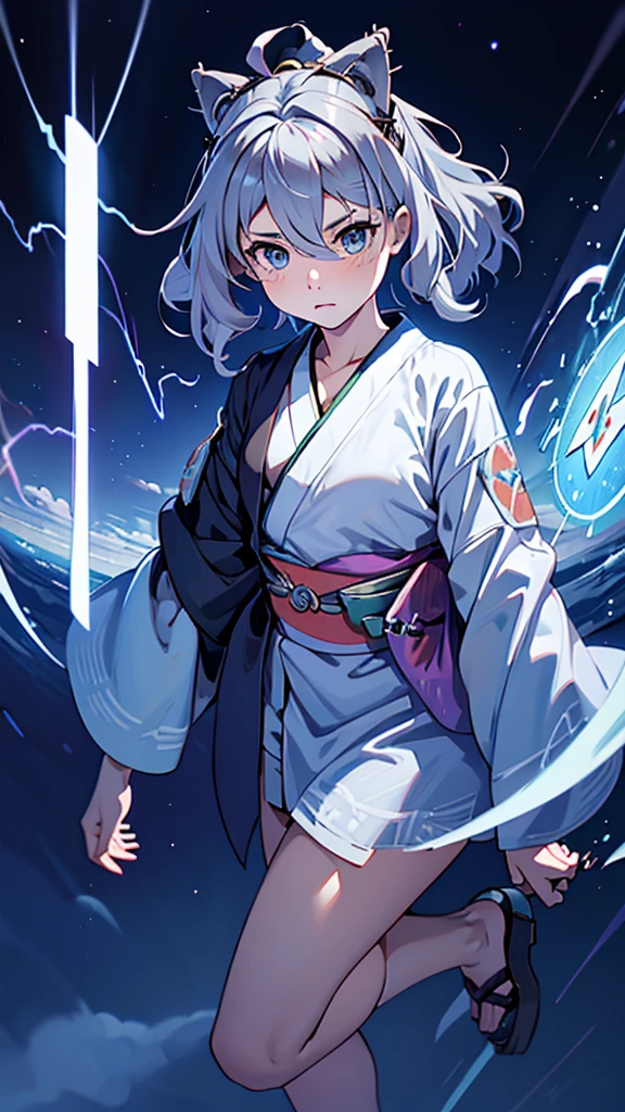 Criança;
naughty girl;
Wolf ears and tail;
Long messy hair;
gray hair;
Kimono with lightning cloud details;
Rays around the body;
It&#39;s in a black space full of clouds forming;
Sky blue eyes;



No fundo tem o espaco sideral com uma dimensão se formando 

Galaxia 
