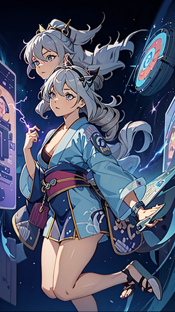 Criança;
naughty girl;
Wolf ears and tail;
Long messy hair;
gray hair;
Kimono with lightning cloud details;
Rays around the body;
It&#39;s in a black space full of clouds forming;
Sky blue eyes;



No fundo tem o espaco sideral com uma dimensão se formando 

Galaxia 
