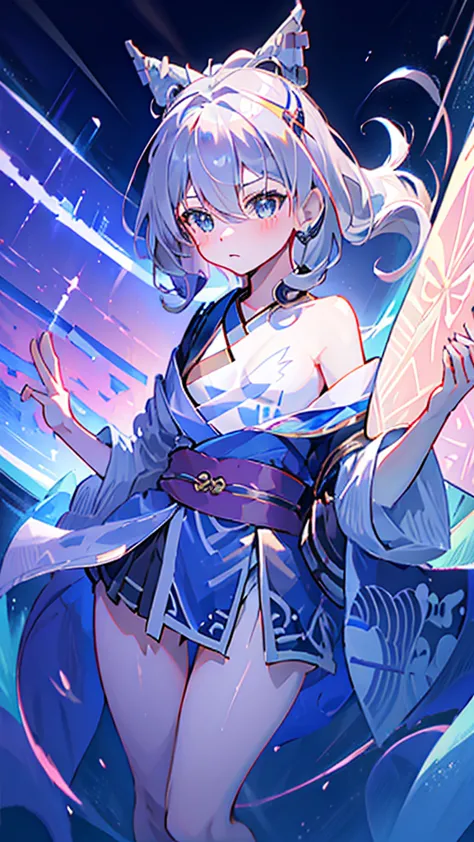 Criança;
naughty girl;
Wolf ears and tail;
Long messy hair;
gray hair;
Kimono with lightning cloud details;
Rays around the body...