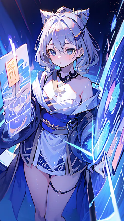 criança;
naughty girl;
wolf ears and tail;
long messy hair;
gray hair;
kimono with lightning cloud details;
rays around the body...