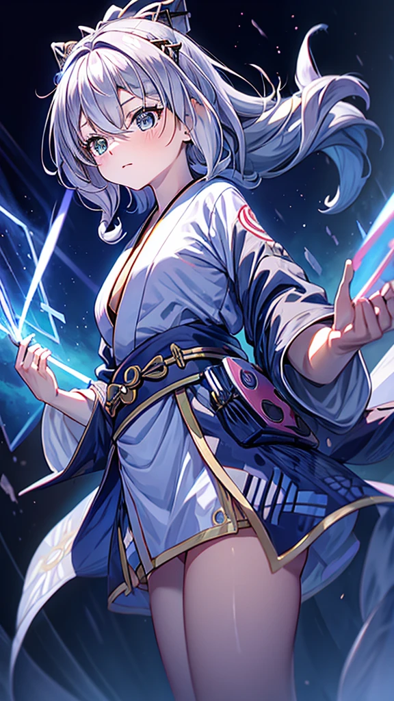 Criança;
naughty girl;
Wolf ears and tail;
Long messy hair;
gray hair;
Kimono with lightning cloud details;
Rays around the body;
It&#39;s in a black space full of clouds forming;
Sky blue eyes;



No fundo tem o espaco sideral com uma dimensão se formando 

Galaxia 
