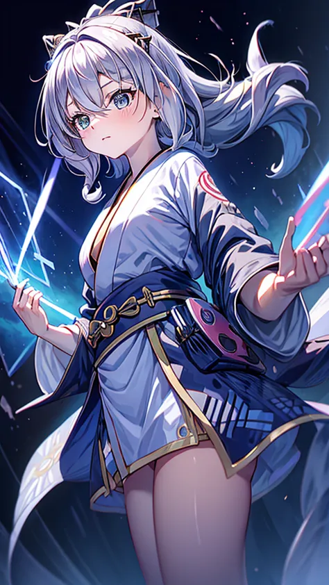 criança;
naughty girl;
wolf ears and tail;
long messy hair;
gray hair;
kimono with lightning cloud details;
rays around the body...