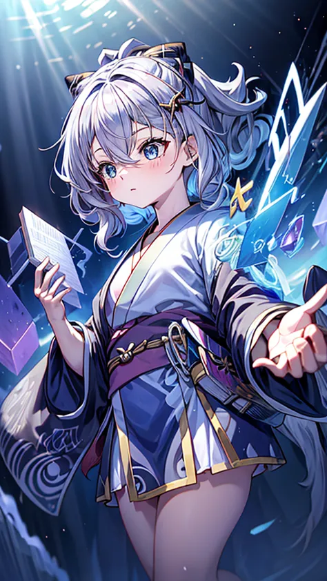 Criança;
naughty girl;
Wolf ears and tail;
Long messy hair;
gray hair;
Kimono with lightning cloud details;
Rays around the body...