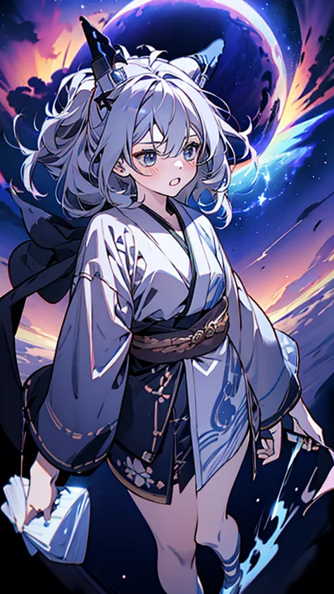 Criança;
naughty girl;
Wolf ears and tail;
Long messy hair;
gray hair;
Kimono with lightning cloud details;
Rays around the body...