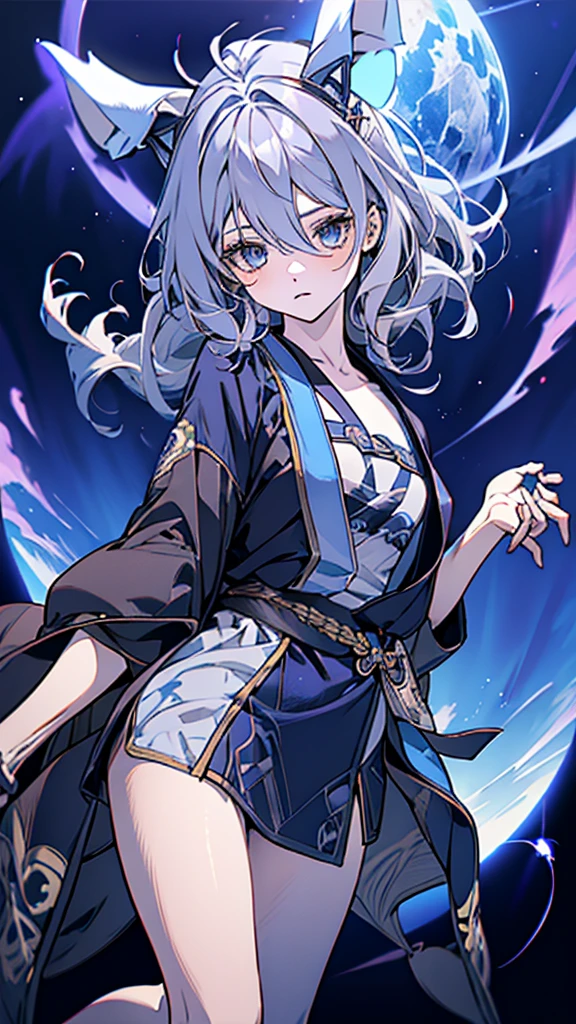 Criança;
naughty girl;
Wolf ears and tail;
Long messy hair;
gray hair;
Kimono with lightning cloud details;
Rays around the body;
It&#39;s in a black space full of clouds forming;
Sky blue eyes;



No fundo tem o espaco sideral com uma dimensão se formando 

Galaxia 
