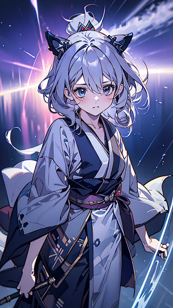 Criança;
naughty girl;
Wolf ears and tail;
Long messy hair;
gray hair;
Kimono with lightning cloud details;
Rays around the body;
It&#39;s in a black space full of clouds forming;
Sky blue eyes;



No fundo tem o espaco sideral com uma dimensão se formando 

Galaxia 
