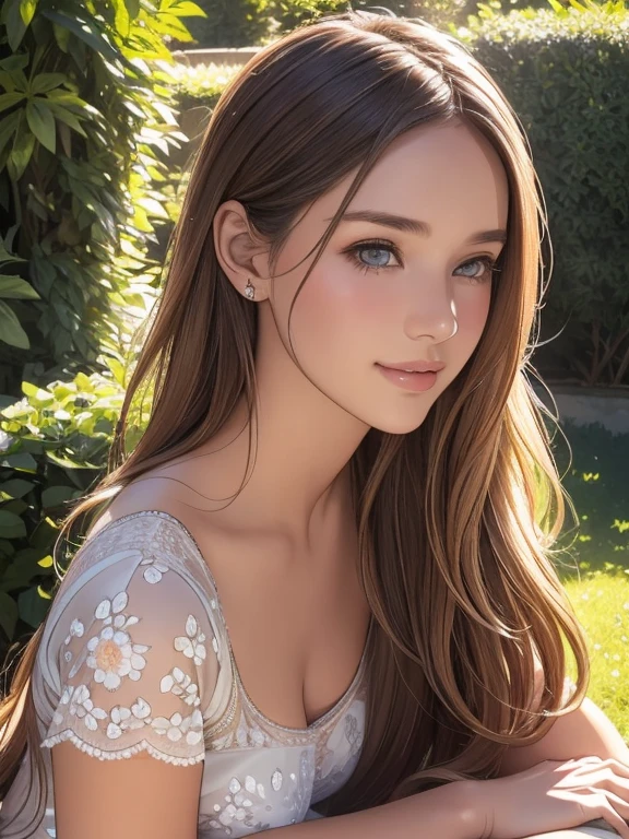 一個年輕的女孩坐在戶外花園裡, 臉紅著微笑, 精緻細緻的眼睛和嘴唇, 極其細緻的臉部特徵和長長的睫毛, 柔和的晨光, 鮮豔的色彩, 細膩的紋理, 微妙的阴影