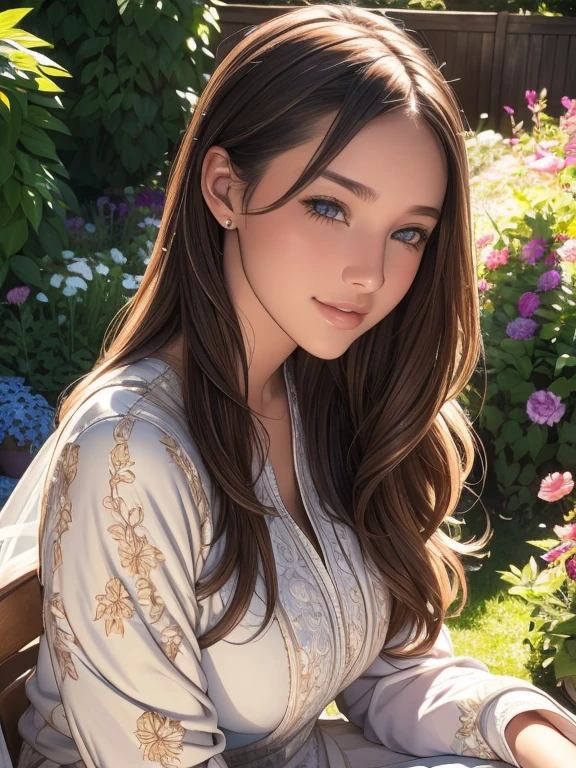 ein junges Mädchen sitzt draußen in einem Garten, Errötend mit einem leichten Lächeln, exquisit detaillierte Augen und Lippen, extrem detaillierte Gesichtszüge und lange Wimpern, sanftes Morgenlicht, leuchtende Farben, zarte Texturen, subtile Schatten