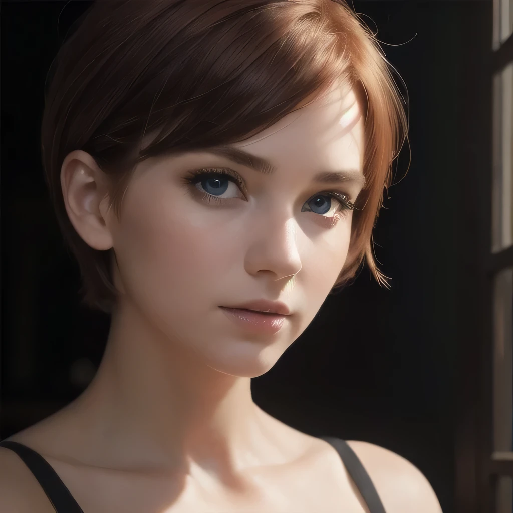 a young short-haired woman with a round face and bright eyes, redhead, beautiful detailed eyes, beautiful detailed lips, extremely detailed eyes and face, longeyelashes, detailed facial features, woman, portrait, oil painting, photorealistic, (best quality,4k,8k,highres,masterpiece:1.2),ultra-detailed,(realistic,photorealistic,photo-realistic:1.37),vivid colors,warm lighting,chiaroscuro,dramatic lighting,cinematic