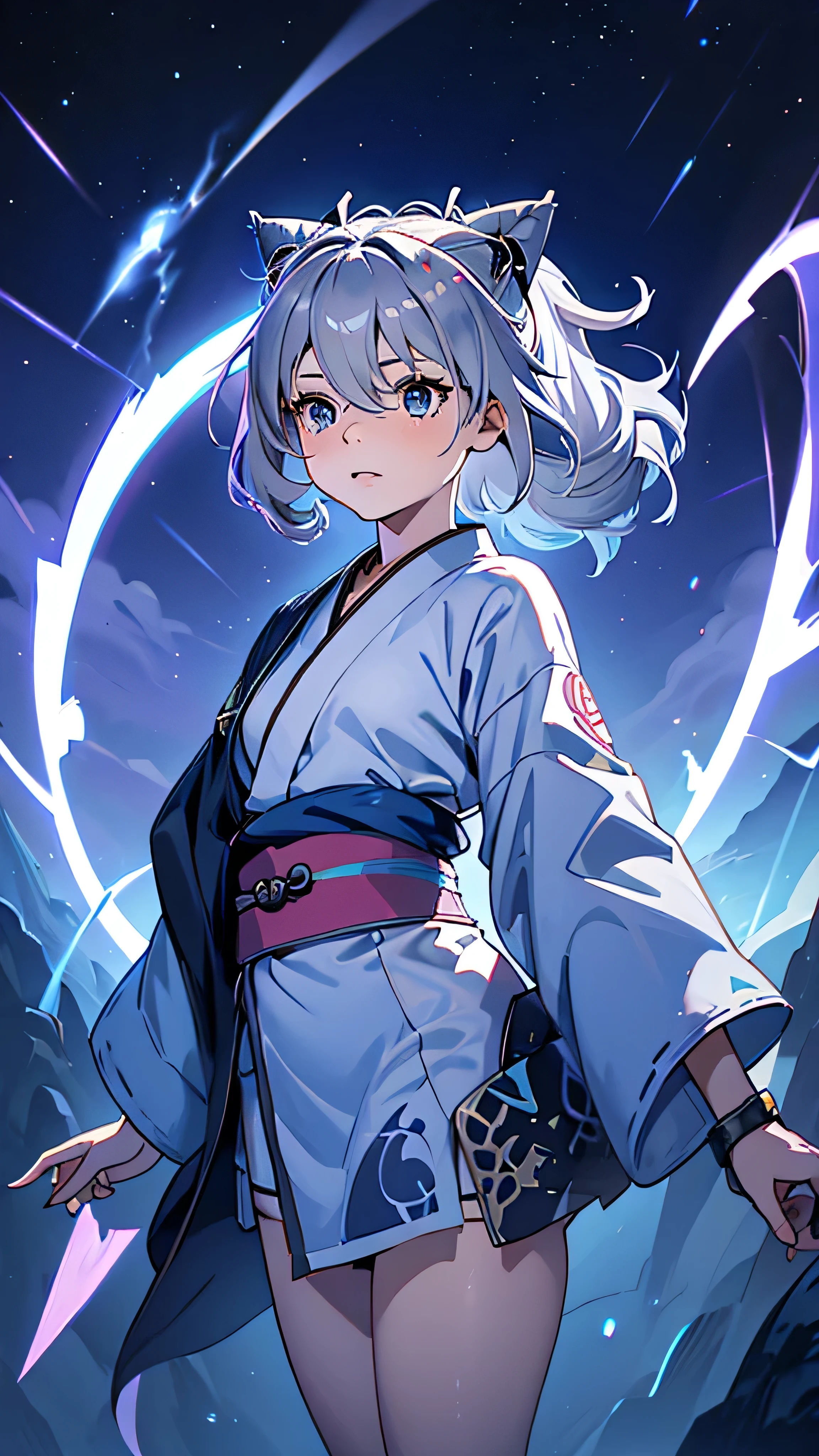 Criança;
naughty girl;
Wolf ears and tail;
Long messy hair;
gray hair;
Kimono with lightning cloud details;
Rays around the body;
It&#39;s in a black space full of clouds forming;
Sky blue eyes;



No fundo tem o espaco sideral com uma dimensão se formando 

Galaxia 
