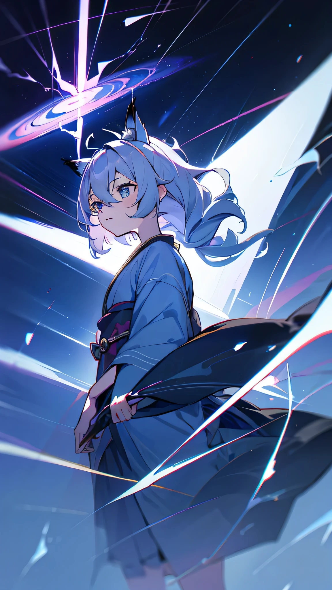 Criança;
naughty girl;
Wolf ears and tail;
Long messy hair;
gray hair;
Kimono with lightning cloud details;
Rays around the body;
It&#39;s in a black space full of clouds forming;
Sky blue eyes;



No fundo tem o espaco sideral com uma dimensão se formando 

Galaxia 
