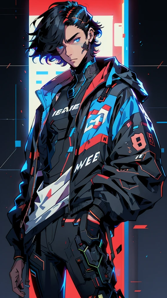 programmer boy, black hair, red ombre, cute face, short hair, high definition, master peace, sexy, jacket, blue eyes, night, neon, male