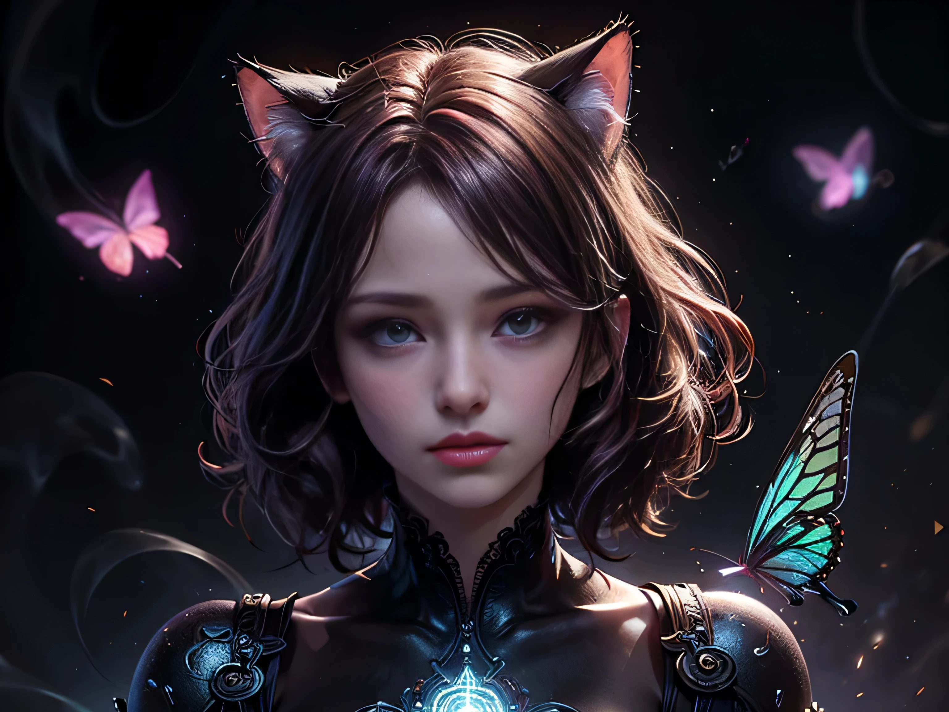 (Best Quality, 8K, Masterpiece, HDR, Soft Lighting, Picture Perfect, Realistic, Vivid), Cat Girl (1.0), Cat Girl with Red Hair and Dark Eyes in Revealing Clothes, Black Bodysuit with Lace Shiny Gloss Sheer Texture, Beautiful Anime Fantasy, Very beautiful and cute cat girl, large pink butterflies fly around, background blur, anime fantasy, work in Gouves style, realistic: 1.37, top view, red cat girl lies in blue flowers, large pink butterflies fly around, horizontal view, (Ultra High Quality Fantasy Art), Masterpiece, Female Model, Ultra High Quality Female Character Designs, Detailed 8k Anime Art, Realistic Anime Art, Highest Quality Wallpapers, Intricate Ultra High Quality Accurate Female Character Faces, High Quality Designs and Accurate Physics (Fantasy - Ultra High Quality) quality) quality)) art), dark fantasy style), masterpieces, super high-quality characters, anime resolution - 8K, realistic anime art, wallpaper with the highest quality illustrations, ultra-high detail of faces, high-quality design and accurate physics), color, depth of field, shadows, ray tracing, high quality workmanship. -high quality and 8K resolution, (Accurate simulation of the interaction of light and materials)], [High-quality hair detail [More about beautiful and shiny red hair]], (Beautifully detailed hands [perfect fingers [Perfect nails]]], (perfect anatomy (perfect proportions)))) [[Full-length]], [Perfect combination of colors (Accurate imitation of the interaction of light and material)], [art that conveys the meaning of the story](modified)