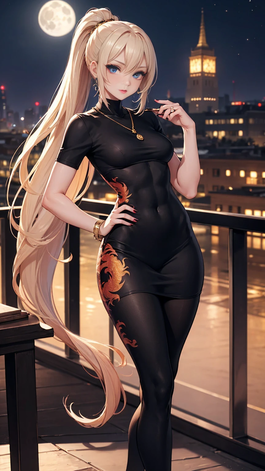 Beautiful woman with long straight ponytail blond hair with blue eyes wearing a Black Tight Leggings With Golden Dragon Prints, a Red Sexy Criss Cross Mock Neck Short Sleeves Dress With Phoenix Prints, luxurious jewelry and a luxurious necklace, 18k gold wedding ring on left hand, standing in a balcony at night of full moon, (caucasian skin), (light brown lipstick), (elegant mascara), (slim body with abs), (small breasts), (wide hips), midjourney, <lora:GoodHands-, <lora:GoodLegs-, UHD, high resolution, (masterpiece:1.1, best quality), (expressive eyes, perfect face, full body, expressive face, perfect body, perfect pussy, athletic, fit, slim body, blushing, Perfect makeup, eyeliner, beautiful eyelashes, smiling, horny face), ((best illumination, best shadows)), ((sexy pose))