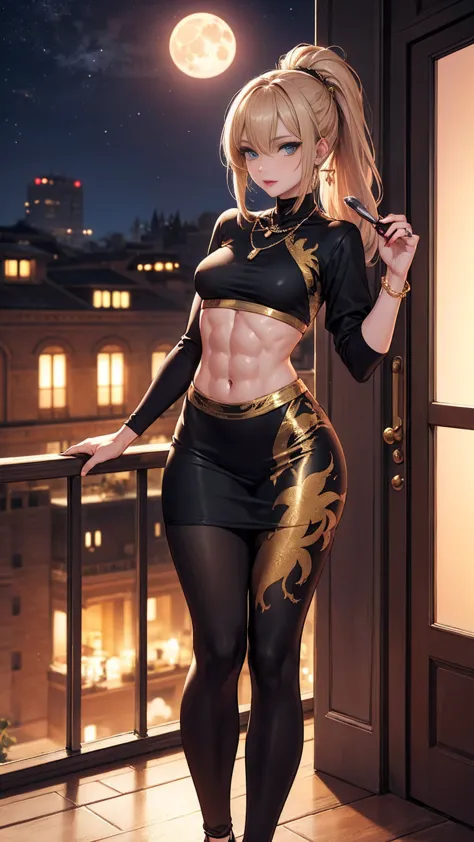 Beautiful woman with long straight ponytail blond hair with blue eyes wearing a Black Tight Leggings With Golden Dragon Prints, ...
