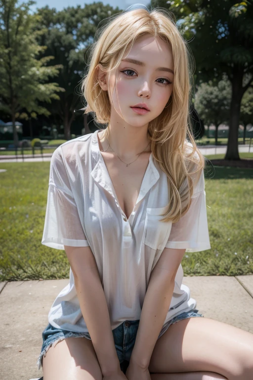 Blonde sitting in a park, modern clothing, sexy