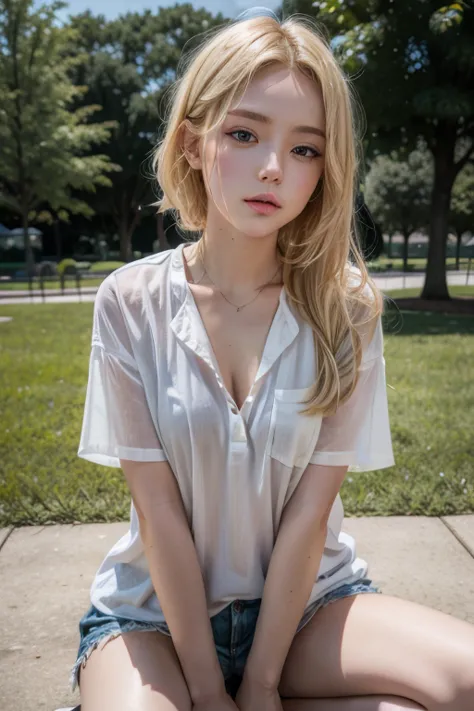 Blonde sitting in a park, modern clothing, sexy