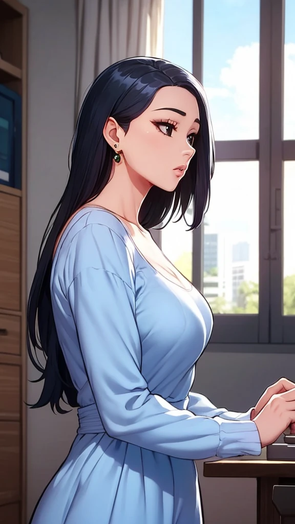 1 Girl，single，Long hair，Bangs，Brown hair，Black Hair，Long sleeve，dress，Jewelry，Shut up，Upper body，Lateral hair，earrings，indoor，钝Bangs，black eyes，Lips，looking off to the side，window，crown