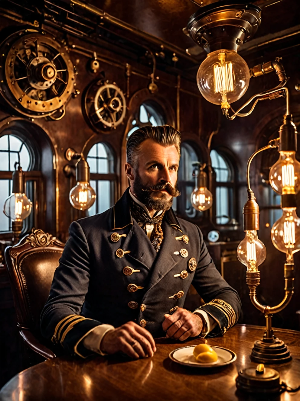 photo focus on male focus, indoors, realistic scenery, (captain nemo:1.1), teslapunkai,  retro-futuristic,  plasma and lightbulbs for breakfast ,   electricity   powered, steampunk nautilus-style. very wide shot, character photo portrait, film, professional,