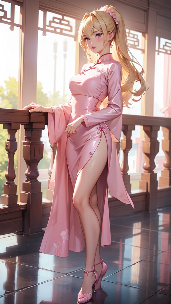 1girl, solo, elegant hair (full body: 1.1), (side at the viewer: 1.1), pink mini cheongsam, swaying in the breeze, filmg , sweet_lolita, Best quality, masterpiece, blond hair, blue eyes, Exquisite mouth,Very detailed face, blush, Shiny wet skin, Pink lips, Delicate lips, hands on hips