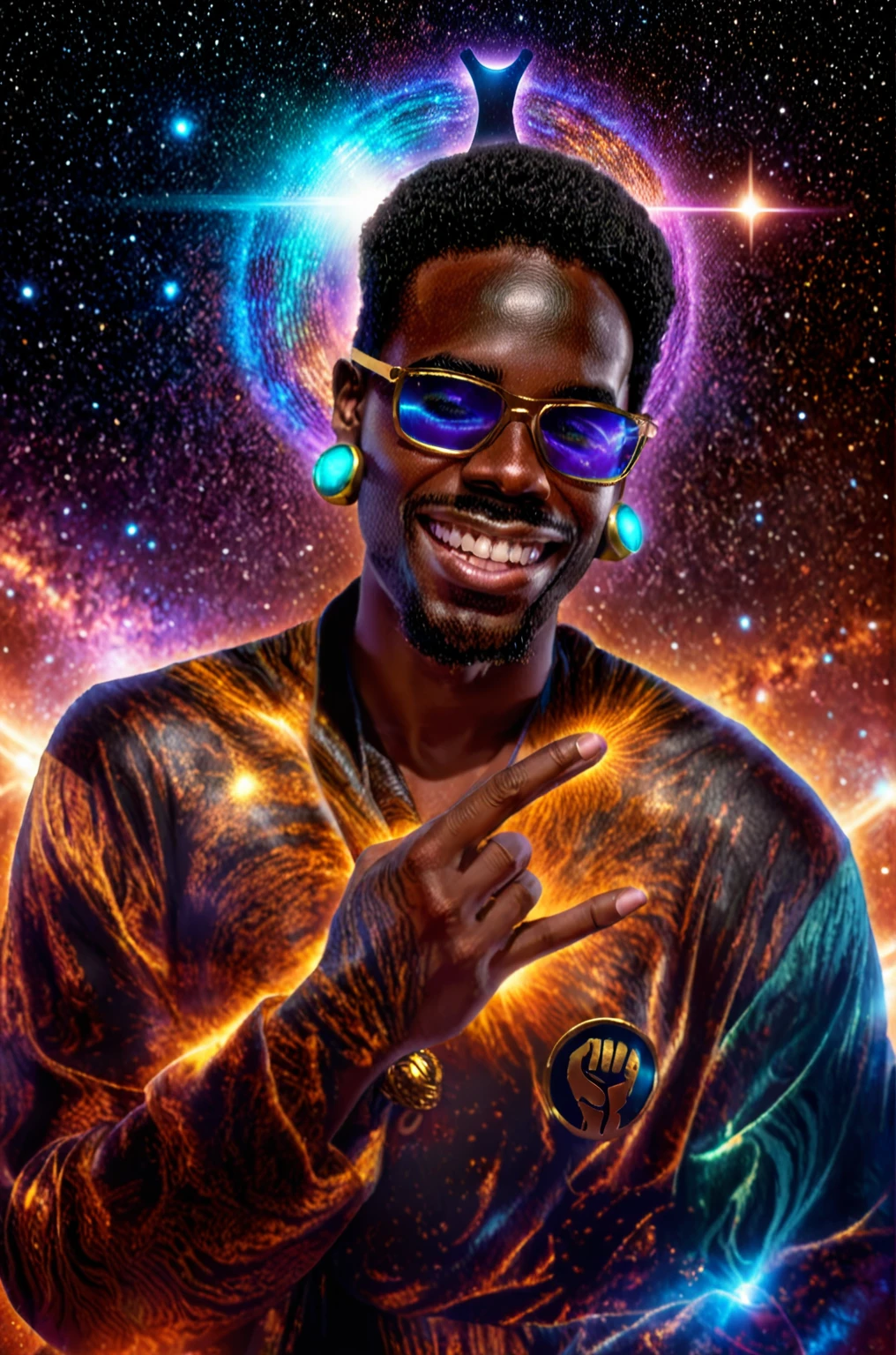 Centered, a brown skin man with a huge black power afro hair mixed in the cosmos galaxy, afrofuturism, cosmic, afrofuturism fashion, album cover, ultra quality, 8K, masterpiece, photorealistic face, cinematic scene