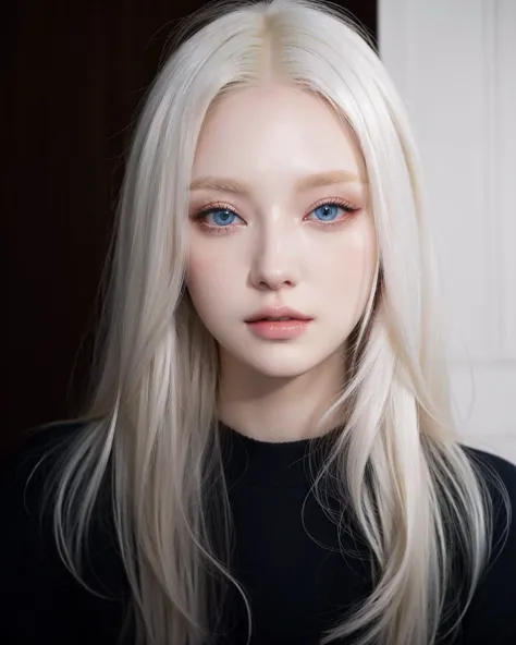 a closeup of a woman with long blonde hair and blue eyes, perfect white hair girl, ulzzang, girl with white hair, pale porcelain...