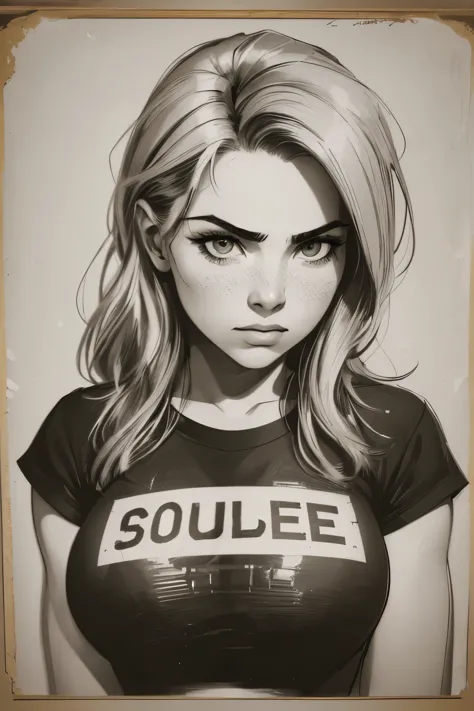 a girl in a mugshot, sketch, black and white, detailed features, vintage style, high contrast lighting, expressive eyes, tousled...