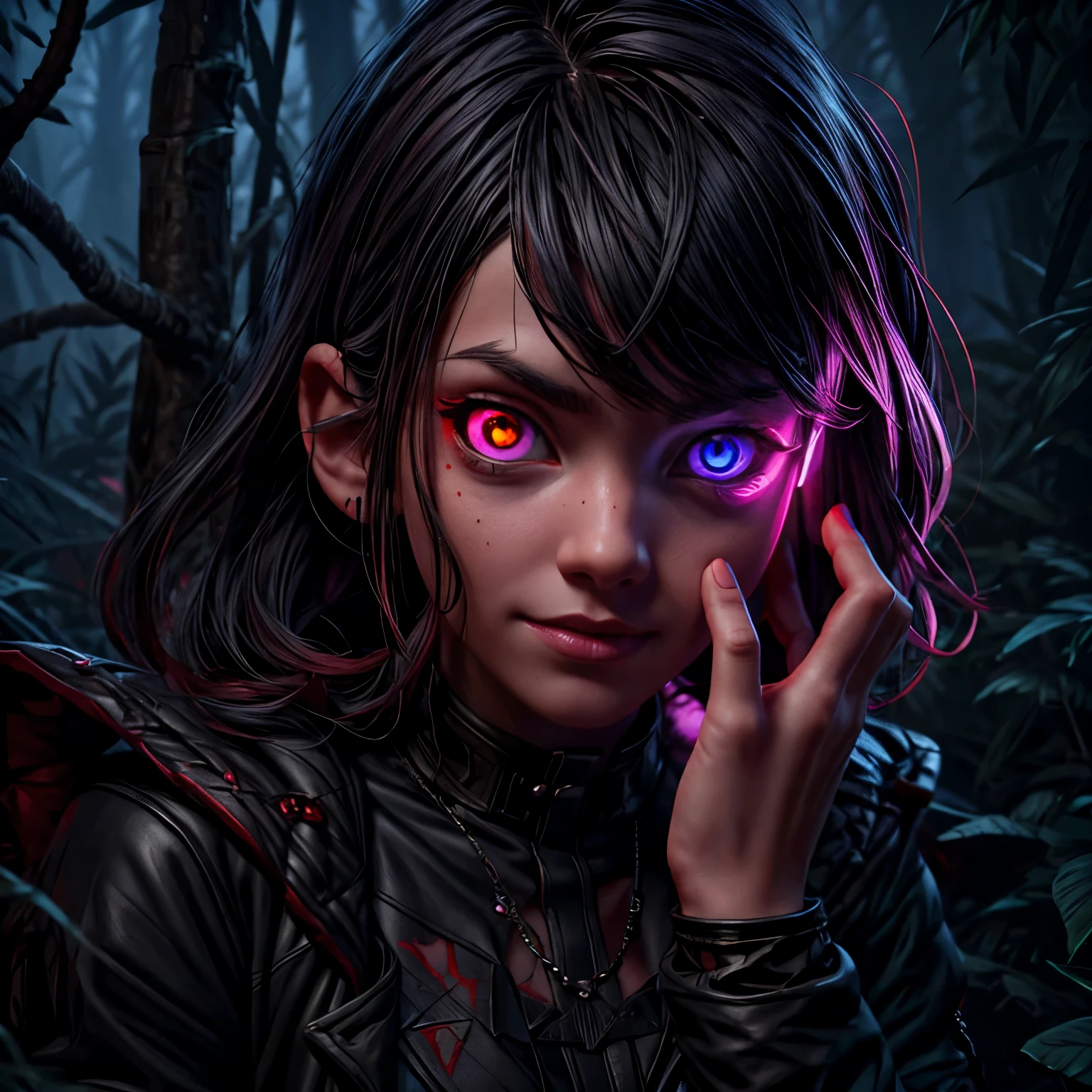  8k, ultra detailed, soft lighting, cartoon, best quality, trending on artstation,nice art,perfect art,nice detailed art,nice detailed body,nice detailed face,best quality, 8k, best quality, ultra-detailed , 8K, HD, a 13 years old teenage girl.There was a  standing in a darkwood,Horror ,looking the camera,atmospheric cinematic lighting,violet bright eyes,cinematic Red lighting, [ horror game ], Scary cinematic lighting, Atmospheric, atmospheric artwork, Sinister dark aura, sistem virus horror, detailed 4k horror artwork,
full body,red short hair,dark forest background,scar face,smile,creepy,fantasy art 8k,masterpiece,score_9,score_8,score_7,score_8_up,score_7_up,score_6_up,cartoon, best quality, trending on artstation,sinister,lurid,wraith,scarlet witch,Little kid girl, wearing black-and-red, mummy-like tattered,, with ancient markings,  (glowing violet eyes), high detail, dramatic,,lurid,necromace,all wraith control