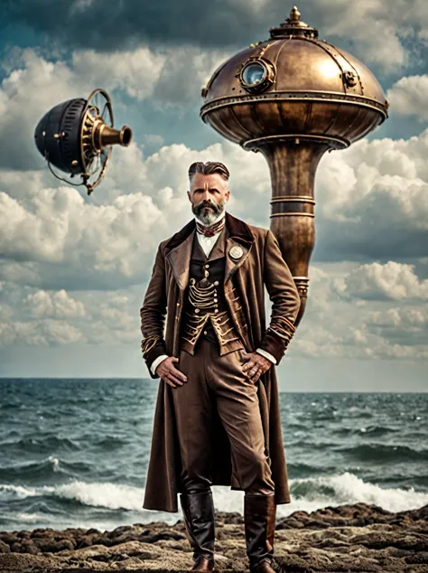 photo focus on male focus, outdoors by the sea, realistic scenery, (captain nemo:1.1), cloud buster, ufo disk in the sky, steamp...