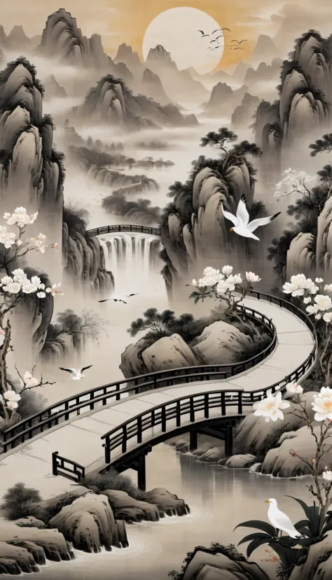 best quality,8K,CG,decline,Flowers,sun,Mountain,Seagull,bridge,Ancient Chinese paintings,Traditional Chinese ink painting,Black ...