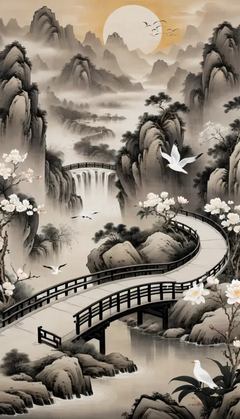 best quality,8k,cg,decline,flowers,sun,mountain,seagull,bridge,ancient chinese paintings,traditional chinese ink painting,black ...