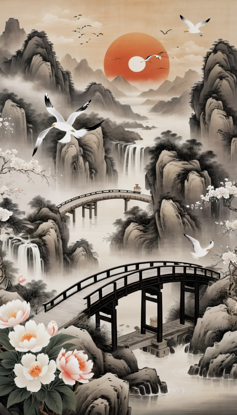 best quality,8K,CG,decline,Flowers,sun,Mountain,Seagull,bridge,Ancient Chinese paintings,Traditional Chinese ink painting,Black and white ink painting,