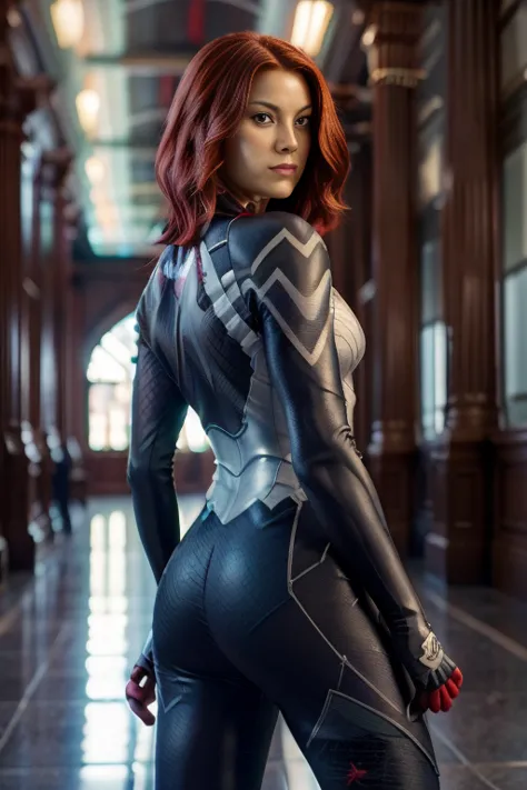 1girl, Full body shot, Natasha Romanoff style of the Black Widow (from marvel studios) costume, smile, look at viewer, back vie,...