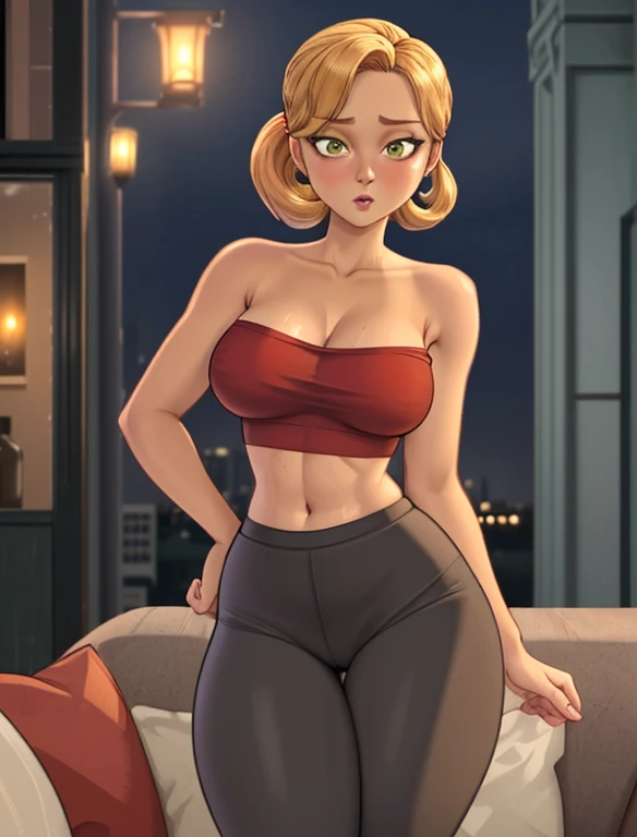 (best quality:1.3), (4K quality),masterpiece, best quality, high res, detailed, (Detailed face:1.2), (Detailed eyes:1.2), (Hourglass figure:1.2), 1girl, solo, 36-years-old, tan olive skin, short blonde hair, pony tail style, emerald eyes, ((Wearing a red strapless tank-top and black leggings)), standing outside on New York streets, couch, busy atmosphere, cinematic lighting, detailed background,
