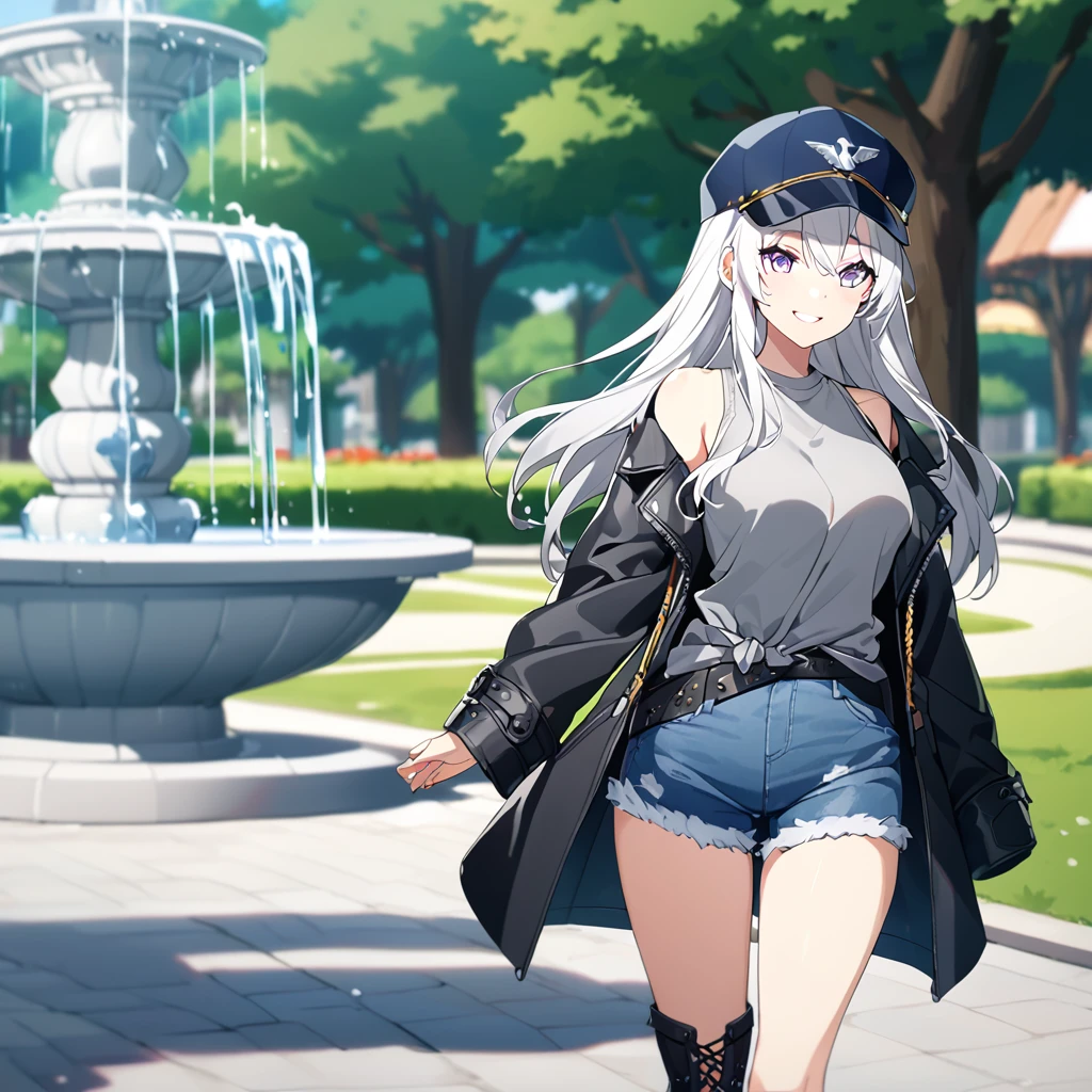 A woman wearing a casual gray shirt, sleeveless shirt, eagle symbol on the shirt, denim shorts, exposed thigh, leather boots, a jacket tied between the waist, navy blue cap, white hair, long hair, purple eyes, smiling, breasts large, walking on a sidewalk in a park, with a decorative water fountain in the background, blurred background, daytime location.
