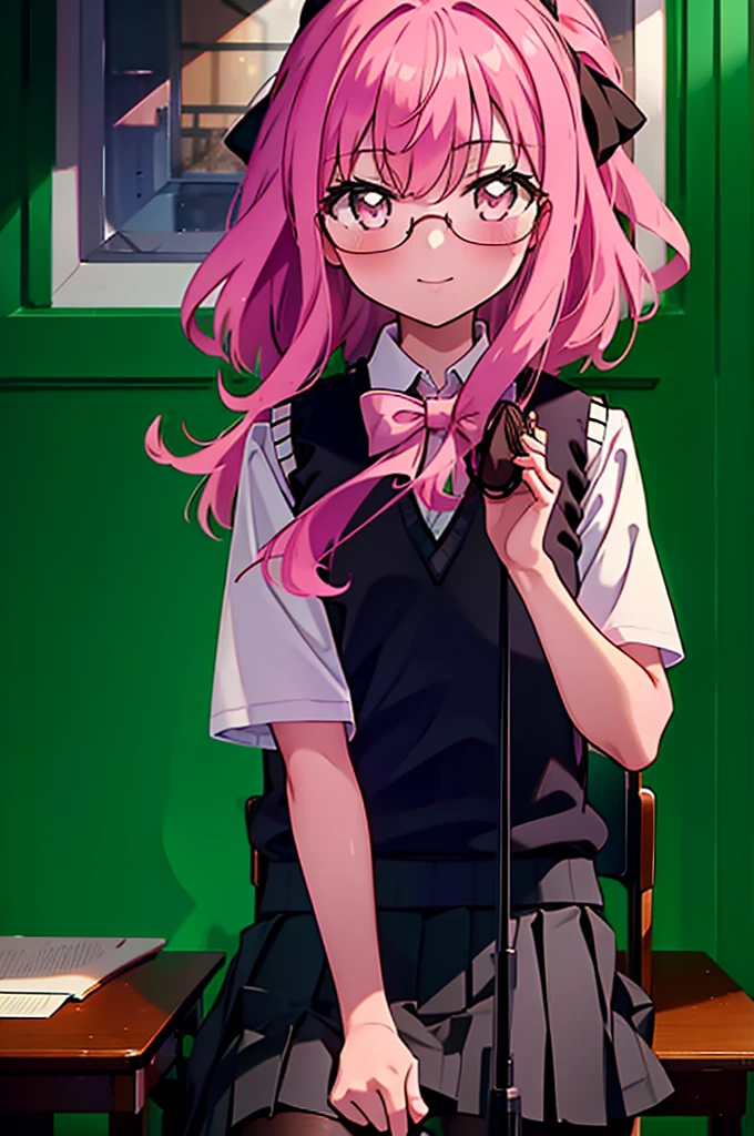 {{masterpiece}},{{Highest quality}},{{High resolution}},{{Caustics}},{{Familiar}},blush,
 smile,Louise Françoise Le Brun de La Valliere,Akabuchi Glasses Pink Hair,Pink Eyes, 黒break skirt, shirt, bow, ribbon, , white shirt, Short sleeve, Pleated skirt, collared shirt, mini skirt, bowtie, 黒いloafers , Black Skirt, Black pantyhose, loafers, green bow, (pink sweater vest:1.5),,classroom,Sit on a chair,whole body,(Cowboy Shot:1. 5),break (masterpiece:1.2), Highest quality, High resolution, unity 8k wallpaper, (shape:0.8), (Fine and beautiful eyes:1.6), Highly detailed face, Perfect lighting, Highly detailed CG, (Perfect hands, Perfect Anatomy),