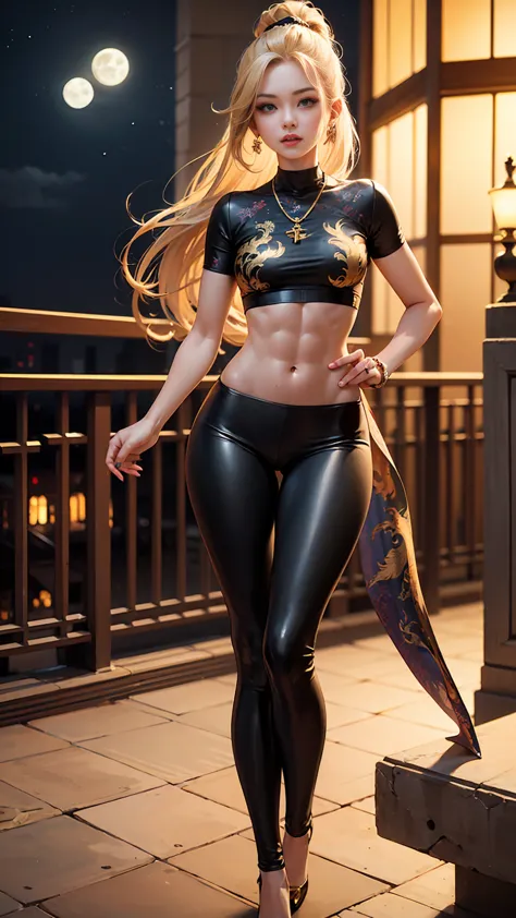 beautiful woman with long straight ponytail blond hair with blue eyes wearing a black tight leggings with golden dragon prints, ...