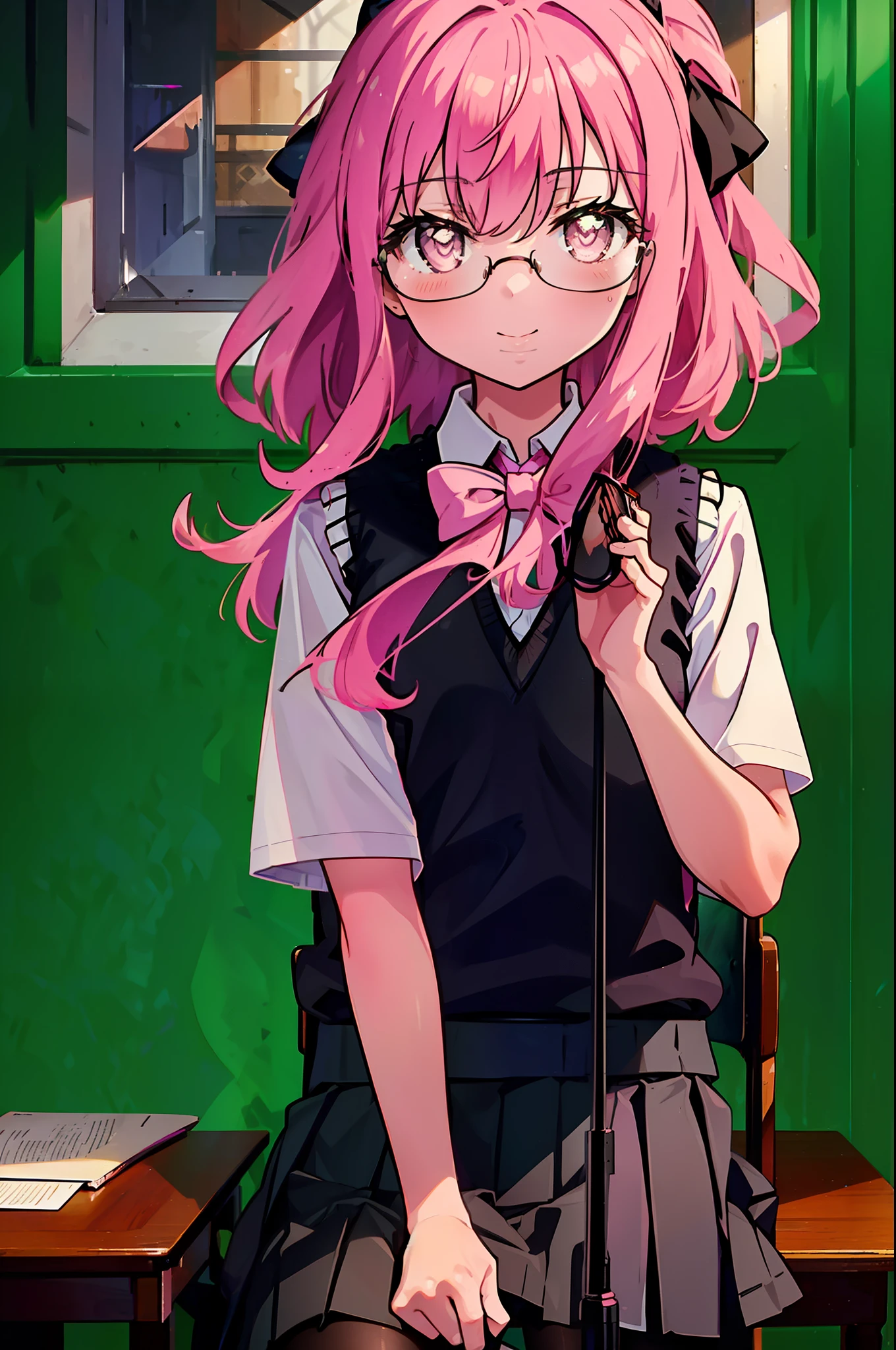 {{masterpiece}},{{Highest quality}},{{High resolution}},{{Caustics}},{{Familiar}},blush,
 smile,Louise Françoise Le Brun de La Valliere,Akabuchi Glasses Pink Hair,Pink Eyes, 黒break skirt, shirt, bow, ribbon, , white shirt, Short sleeve, Pleated skirt, collared shirt, mini skirt, bowtie, 黒いloafers , Black Skirt, Black pantyhose, loafers, green bow, (pink sweater vest:1.5),,classroom,Sit on a chair,whole body,(Cowboy Shot:1. 5),break (masterpiece:1.2), Highest quality, High resolution, unity 8k wallpaper, (shape:0.8), (Fine and beautiful eyes:1.6), Highly detailed face, Perfect lighting, Highly detailed CG, (Perfect hands, Perfect Anatomy),